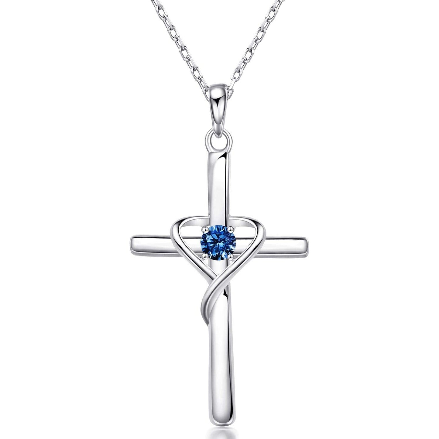 AmorAime 925 Sterling Silver Cross Necklace for Women Men 14K Gold Plated 5A CZ Birthstone Necklaces for Holiday (I.Dark Blue-September-Sapphire)