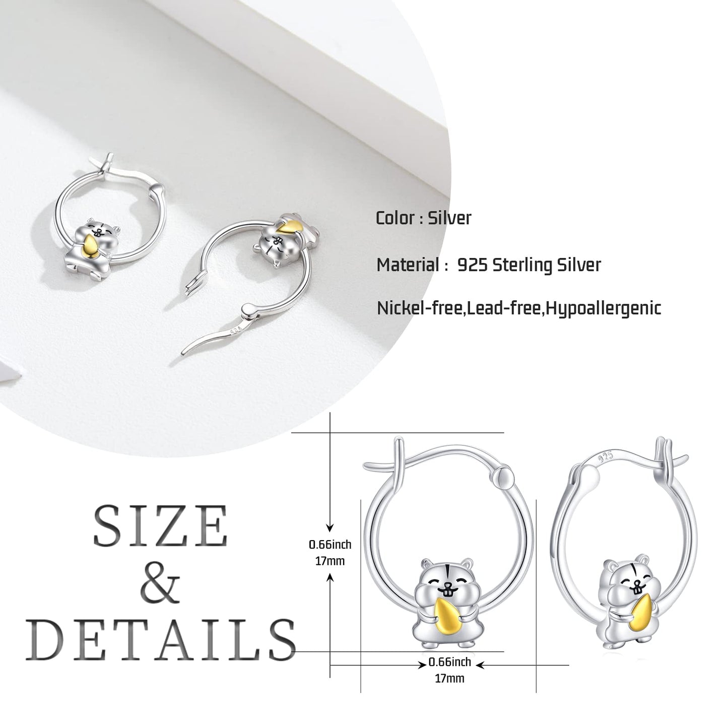 Hamster Hoop Earrings Sterling Silver Small Animal Guinea Huggie Hoop Earrings for Sensitive Ears Hamster Jewelry Gifts for Women