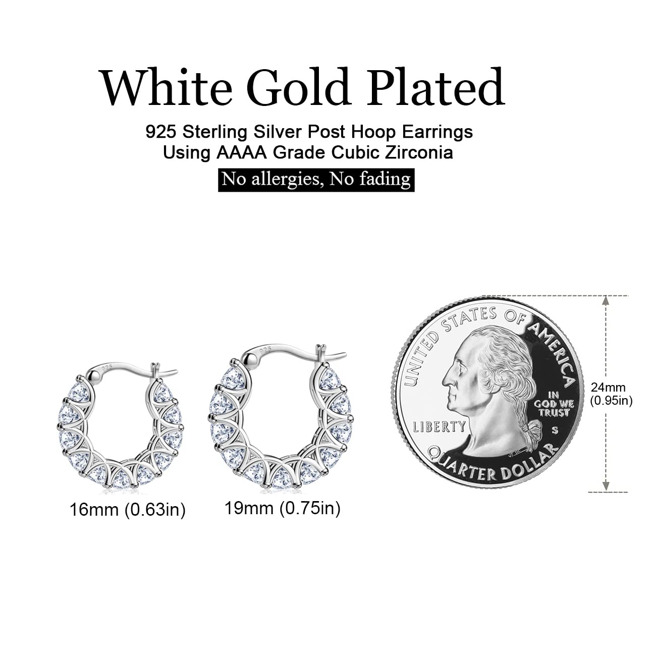 Allencoco Cubic Zirconia Huggie Hoop Earrings - Jewelry For Women, 14K Gold, 925 Sterling Silver Post Hypoallergenic (White Gold CZ Hoop 19mm)