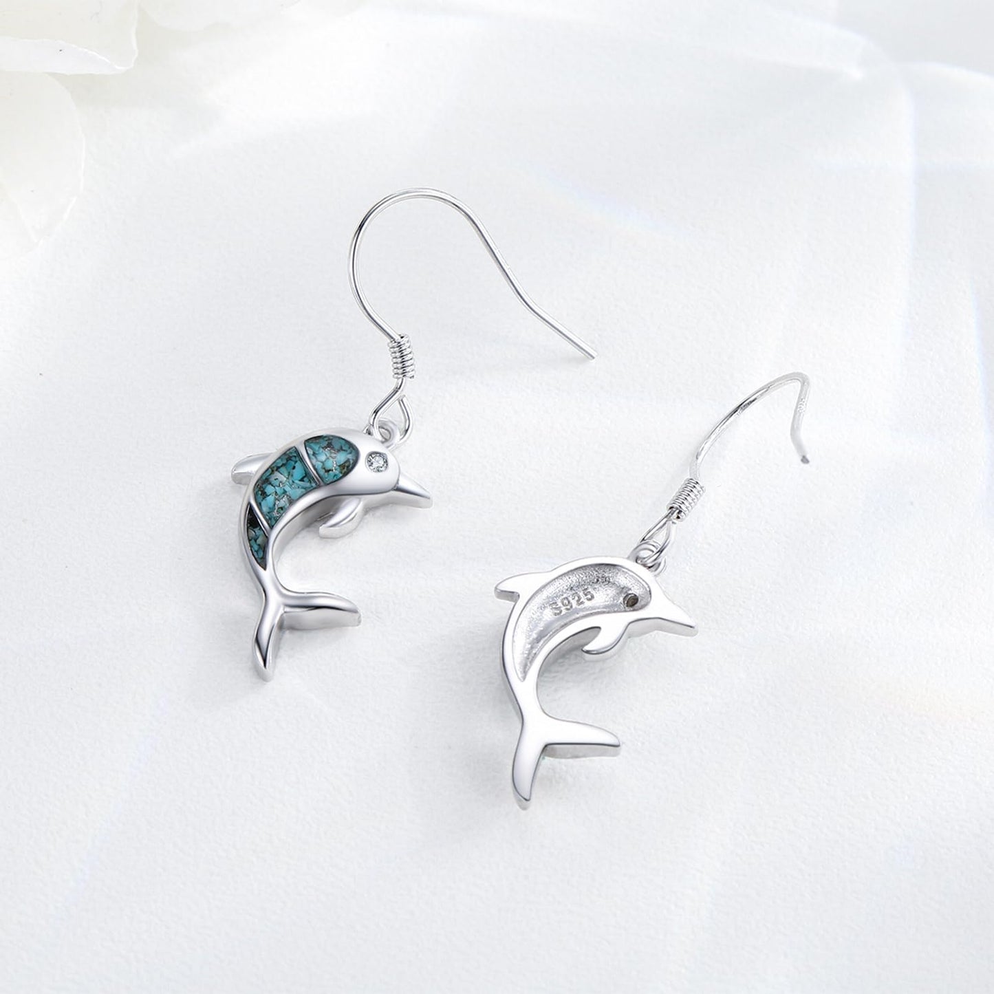 Dolphin Earrings for Women 925 Sterling Silver Turquoise Sea Animal Dangle Drop Earrings Beach Themed Ocean Jewelry Dolphin Gifts for Daughter