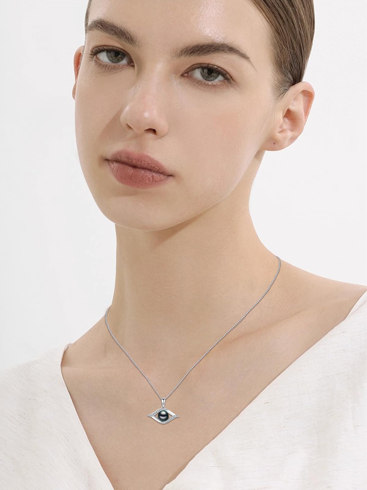 KANNSOAR Tahitian Black Pearl Necklace 18K White Gold Plated Sterling Silver Evil Eyes Pendant Black Pearl Necklace Jewelry for Women Gifts for Wedding Christmas Anniversary Birthday