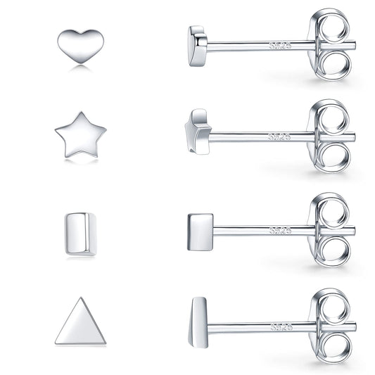 Sterling Silver Stud Earrings for Women Men- 4 Pairs of Hypoallergenic Simple Geometric Small Stud Earring Set Tiny Triangle Square Heart Star Stud Earrings Mini Cartilage Tragus Earrings, Silver