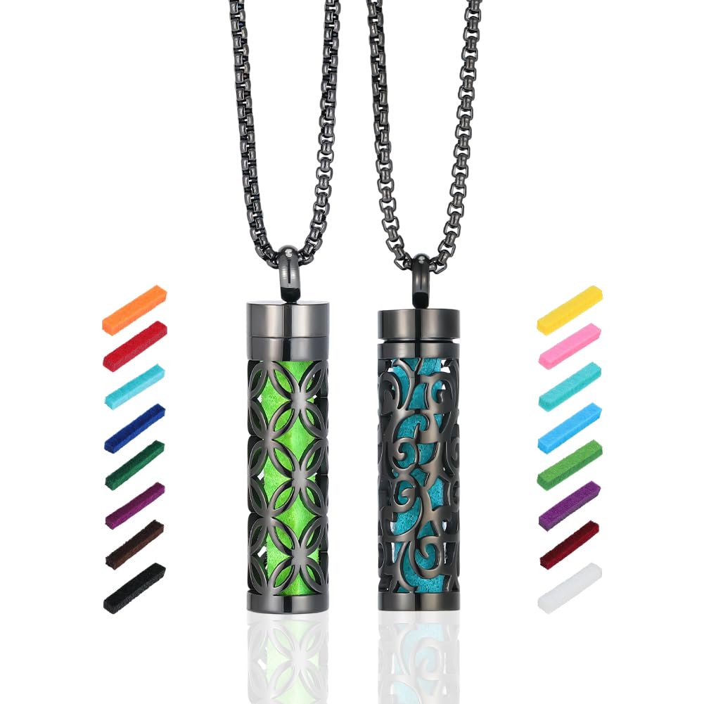 PH PandaHall Essential Oil Diffuser Necklace 2 Styles Black Aromatherapy Necklaces Stainless Steel Locket Pendant with 20pcs Refill Pads Perfume Bottle Necklace for Women Men Birthday Jewelry Gifts