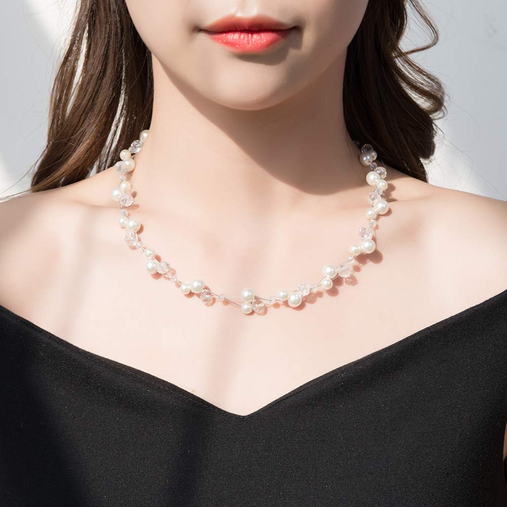 Short Beaded Turquoise Necklace For Women - Fashion Jewelry with Pearl and Crystal Bead, Birthday Gifts For Women (27-White)