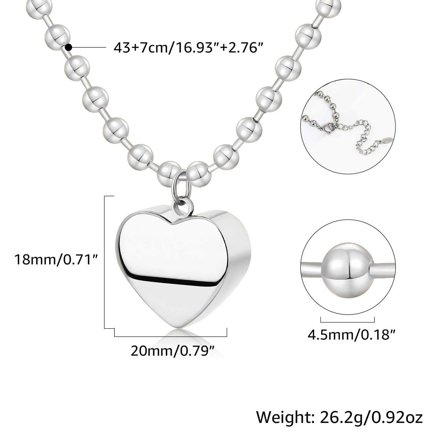 BONJOULRY Titanium Heart Necklace Silver, Chunky Heart Necklace for Women Titanium Steel Chunky Heart Necklaces Ball Beaded Chain Hypoallergenic Silver Charm Necklace Jewelry Gift for Women