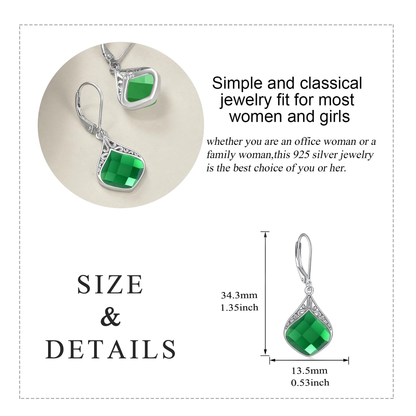 Emerald Drop Earrings Sterling Silver Green Stone Teardrop Dangle Earrings Filigree Irish Earrings Jewelry Christmas Gifts for Women