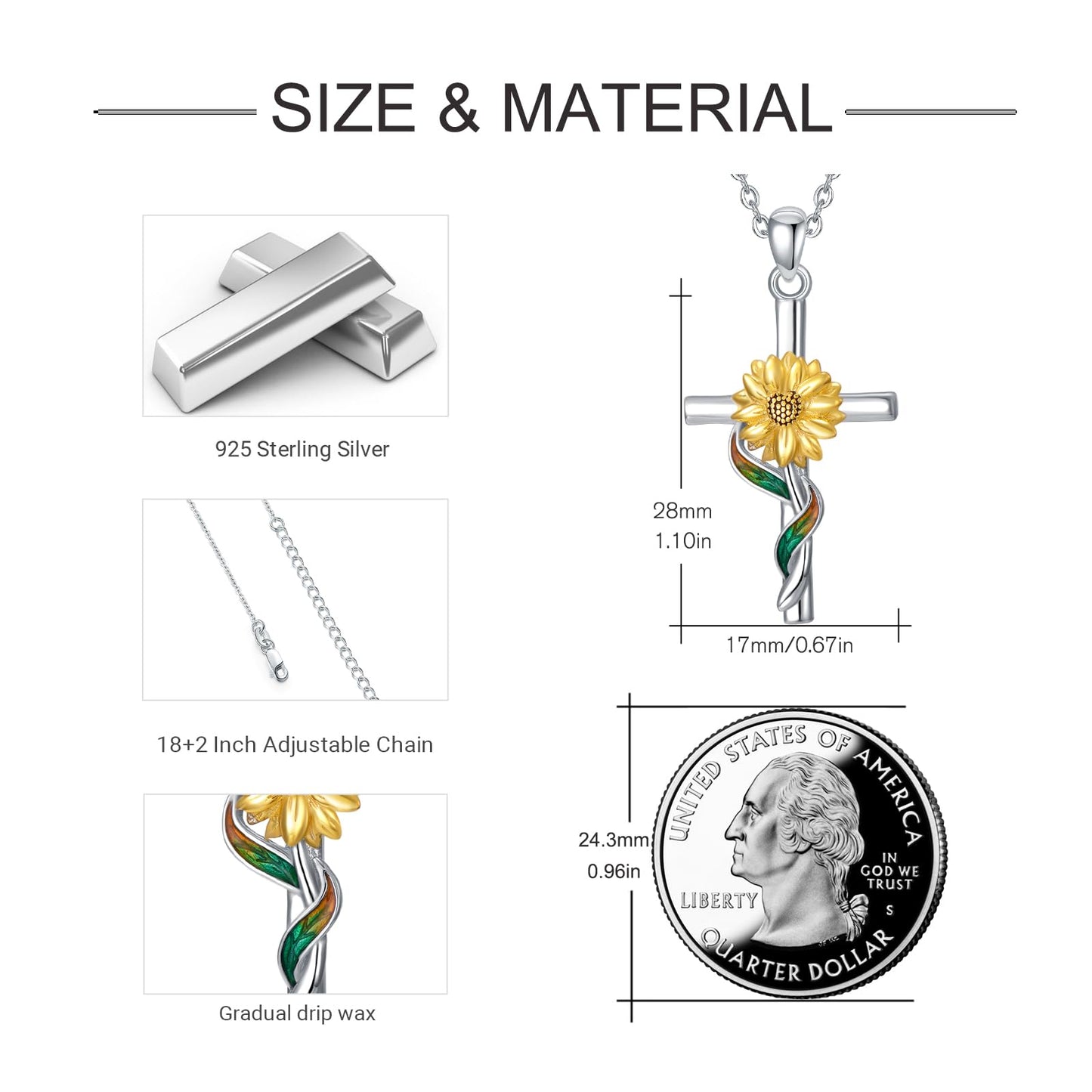 Silikepa Sunflower Necklace for Women 925 Sterling Silver Sunflower Cross Pendant Necklace Christian Jewelry Gift for Women