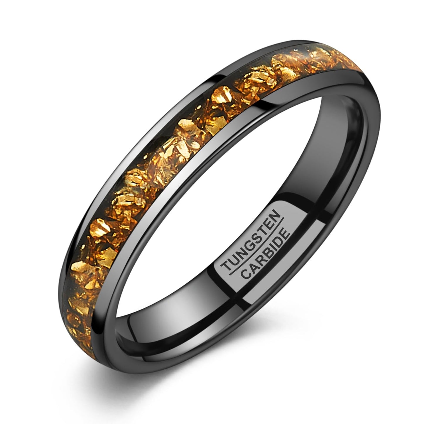 NUNCAD Women's Tungsten Rings 4mm Black Wedding Band Inlaid with Citrine Center Polished Domed Comfort Fit Size 9