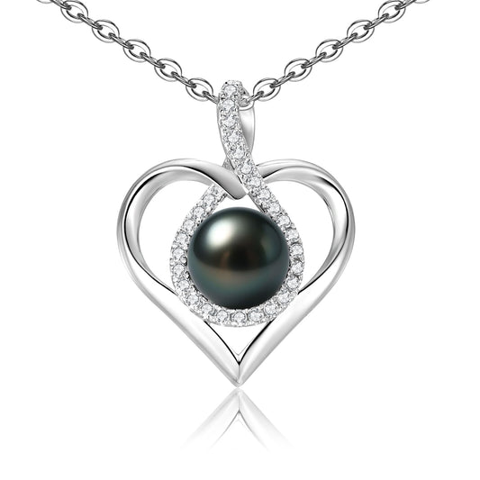 Genuine Tahitian Black Pearl Necklace - Christmas Gift for Wife Mom Daughter, Jewelry Gifts for Wedding Anniversary Birthday, 8-9mm Seawater Pearl with Sterling Silver Moissanite Infinity Love Pendant