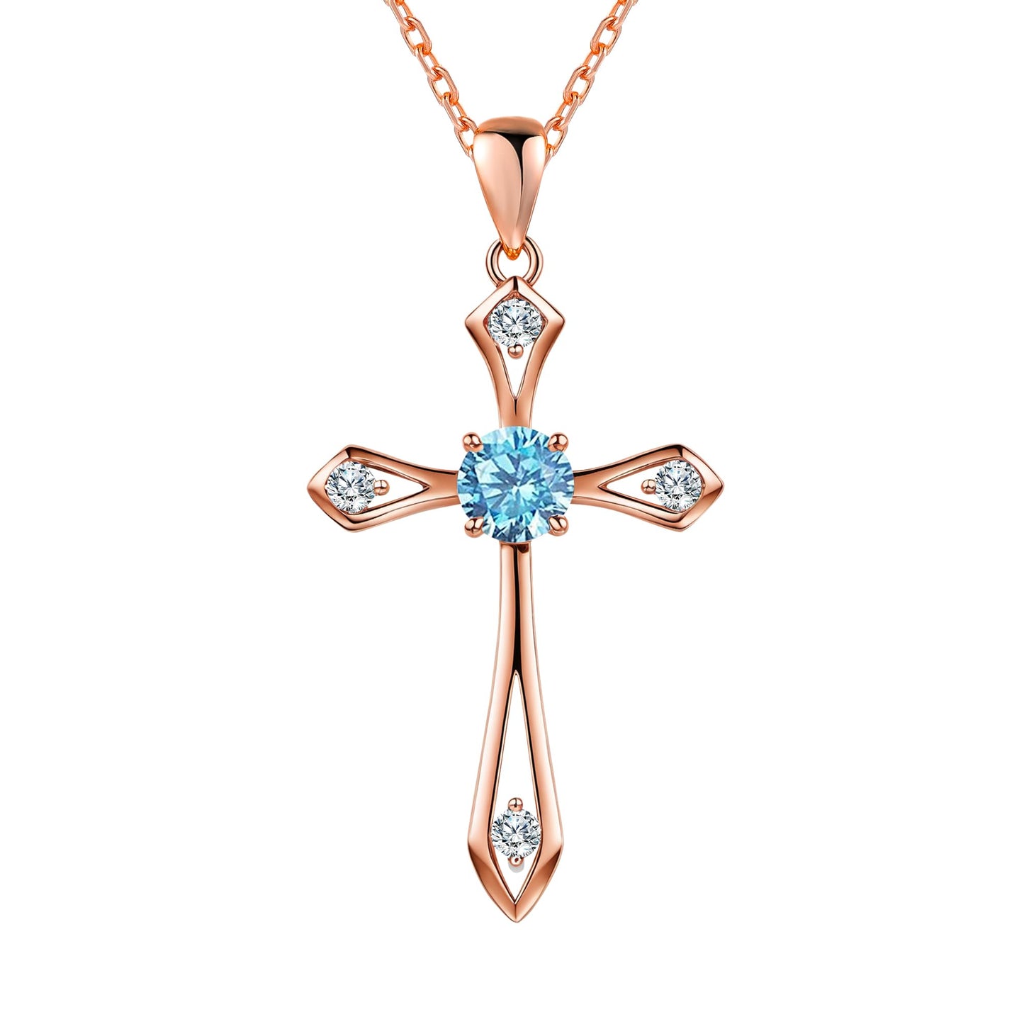 QUALISE Cross Necklace for Women,925 Sterling Silver Birthstone Necklace,Aquamarine-March Birthstone Cross Necklace,Faith Religious Fine Jewelry Valentines Day Gifts Birthday Holiday Gifts for Her