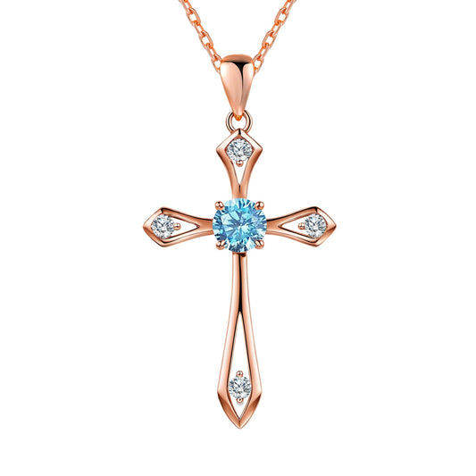 QUALISE Cross Necklace for Women,925 Sterling Silver Birthstone Necklace,Aquamarine-March Birthstone Cross Necklace,Faith Religious Fine Jewelry Valentines Day Gifts Birthday Holiday Gifts for Her