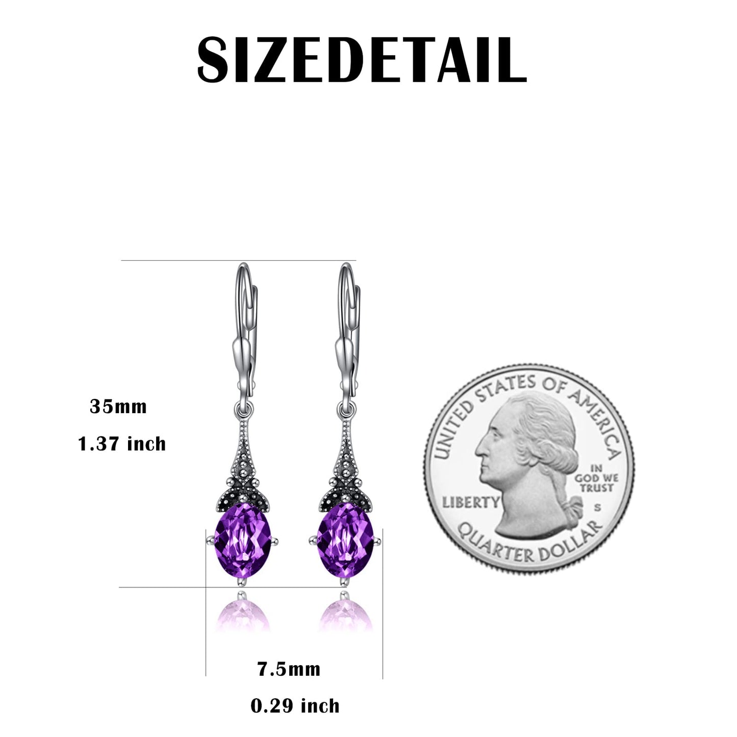 Vintage Leverback Amethyst Purple Earrings Sterling Silver Retro Drop Earrings with Oval Simulated Birthstone Crystal from Austria, Birthday Jewelry Gifts for Women