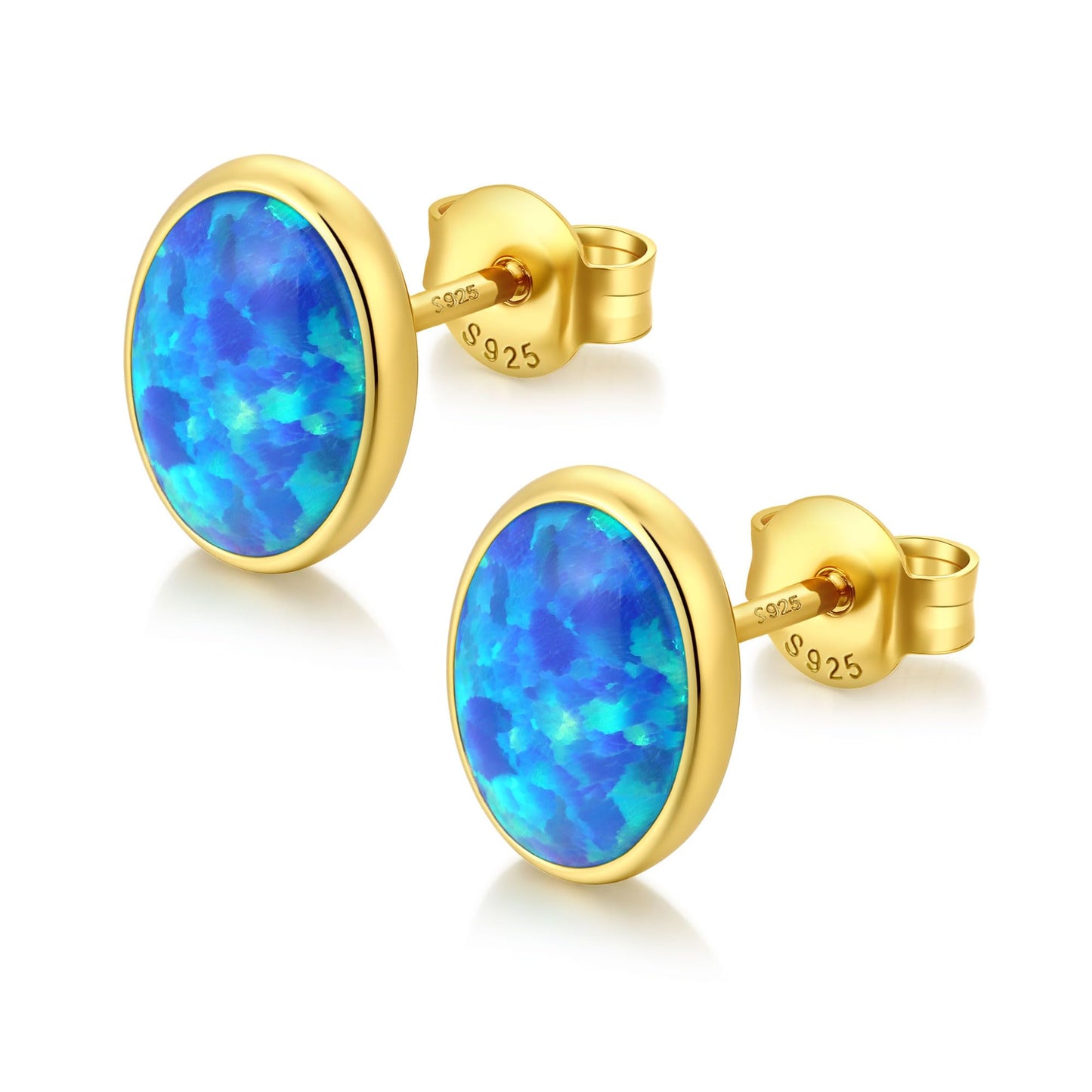 JiayangJY Silver Blue Fire Opal Stud Earrings for Women 18K Yellow Gold Plated Sterling Silver Oval Shape 6mm Opal Earrings with Push Back