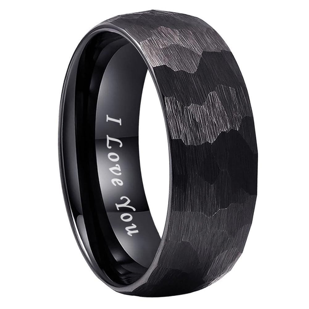 TUTISS 8mm Black Hammered Tungsten Carbide Rings for Men Women Engagement Wedding Bands Domed I Love You Engraved Comfort Fit Size 8