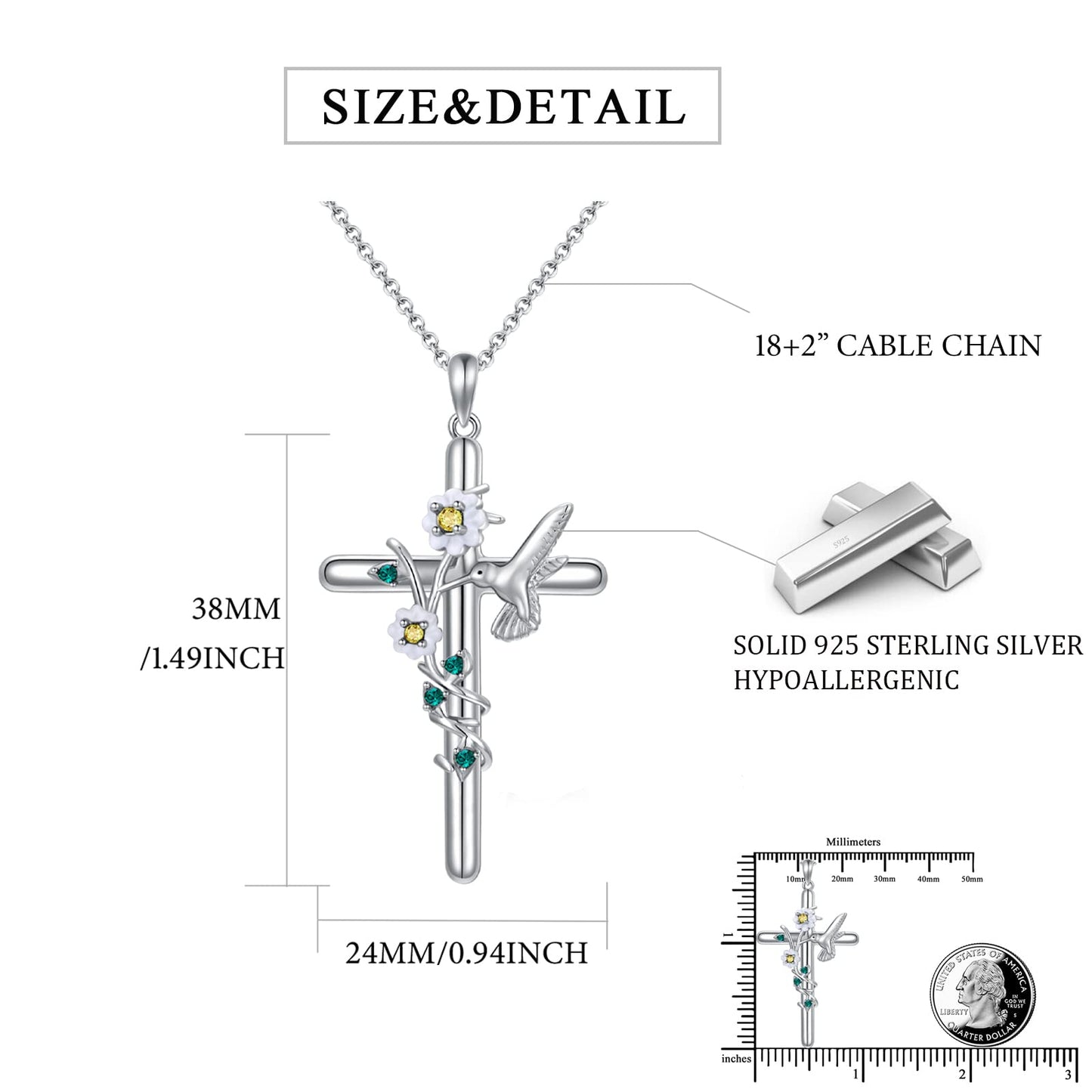 Flpruy Hummingbird Cross Necklace 925 Sterling Silver Hummingbird Gifts Cross Pendant Necklace for Women