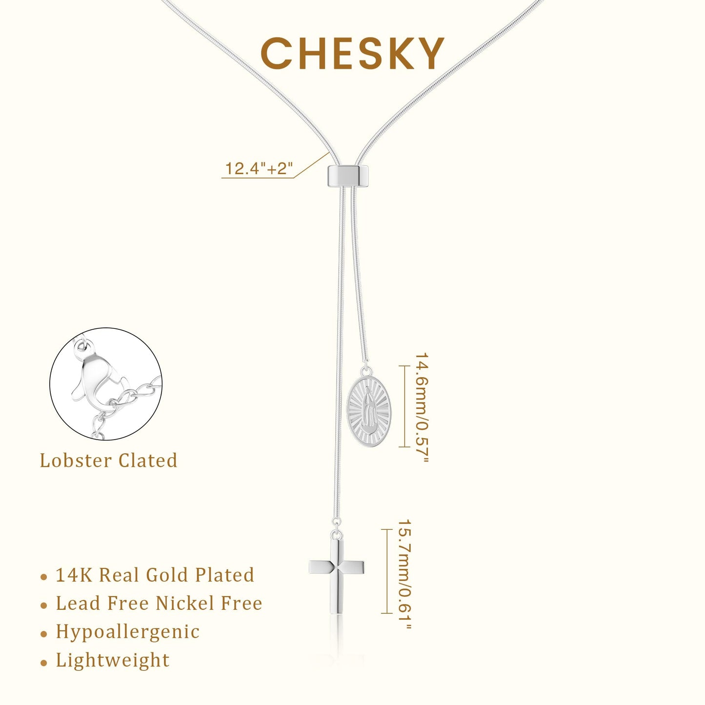 CHESKY Sliver Plated Long Necklace for Women Y Shaped Necklace Rosary Cross Drop Pendant Necklace Dainty Necklace Trendy Christian Jewelry