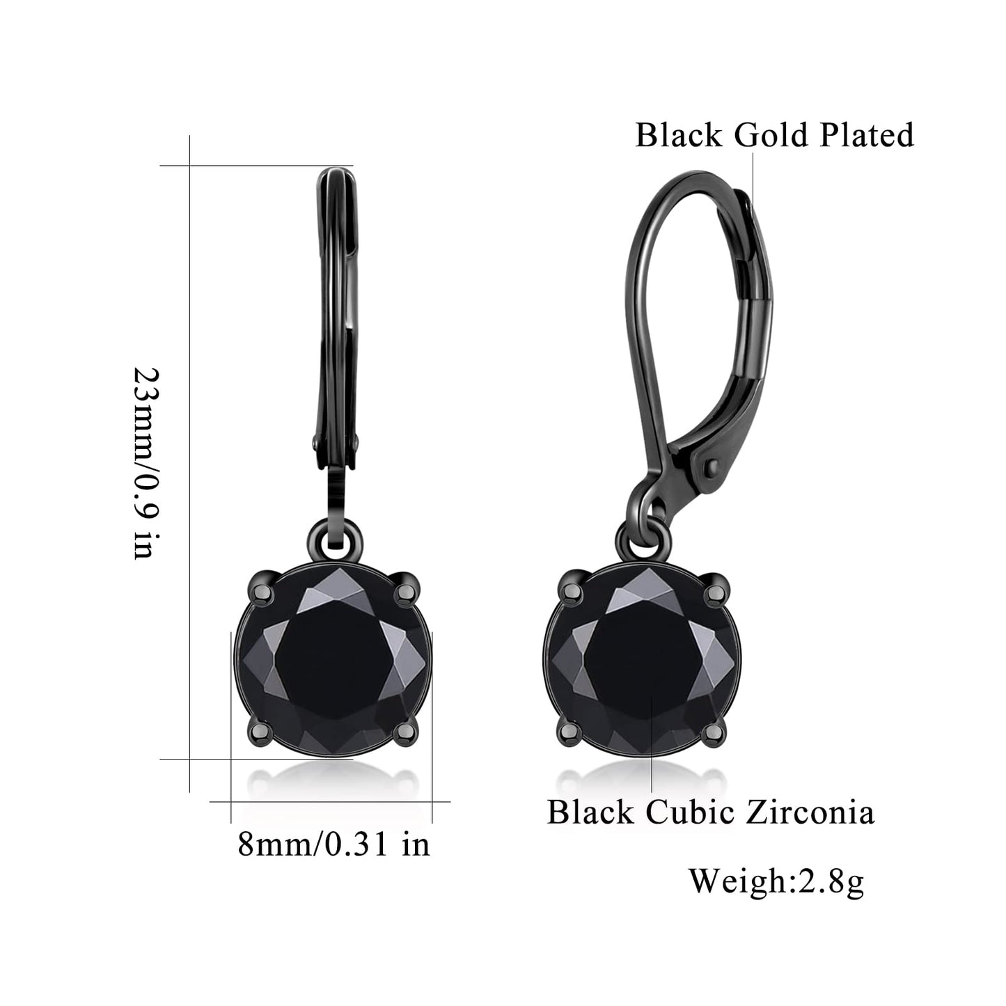 CiNily Leverback Dangle Earrings for Women Ladies Pendant Earrings 14K Black Gold Plated Drop Earring Black Created Crystal Dangle Earrings for Sensitive Ears Hypoallergenic Jewelry 8 mm