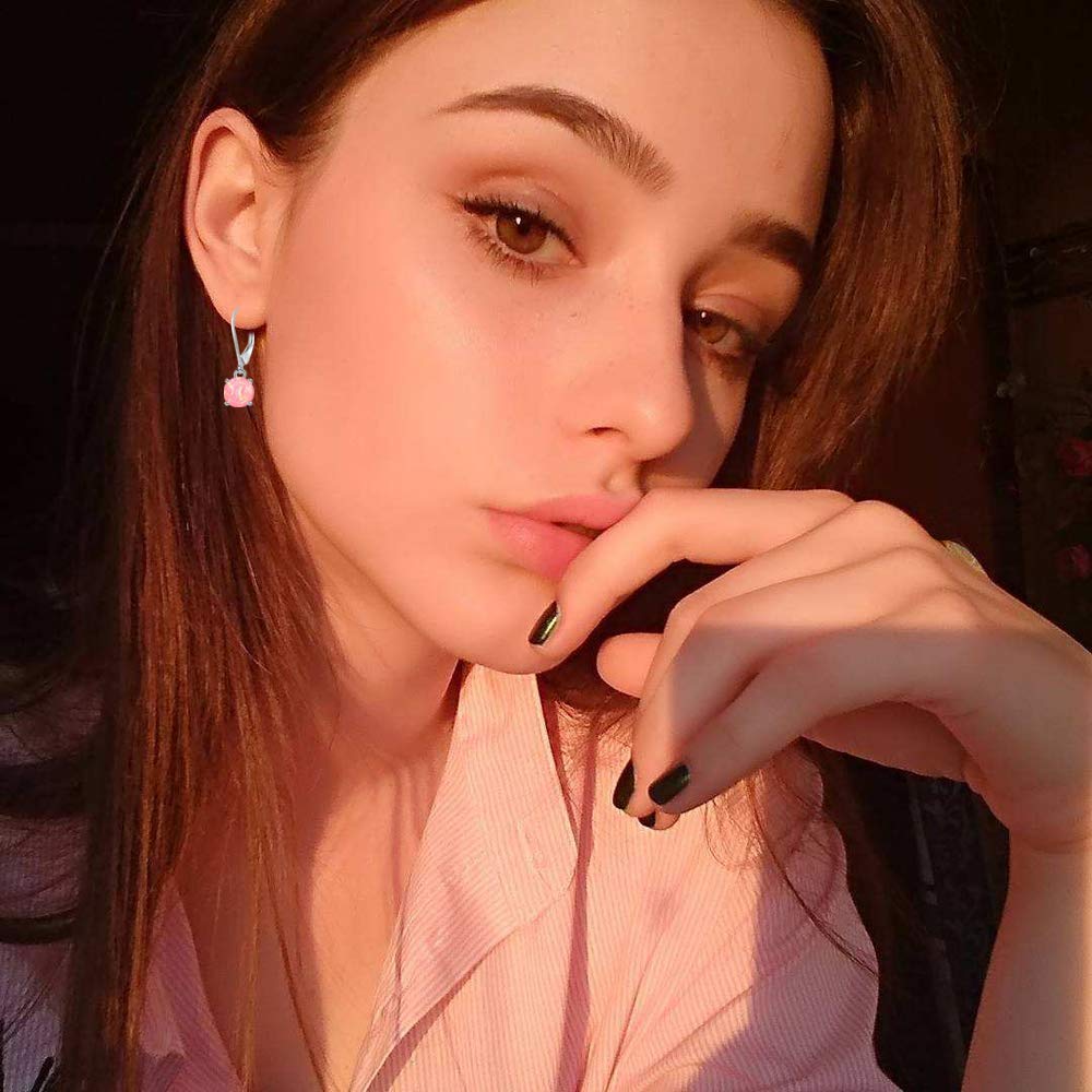 CiNily Round-Cut Opal Dangle Earrings, Pink Fire Opal Rhodium Plated Women Jewelry Leverback Gemstone Small Drop Earrings