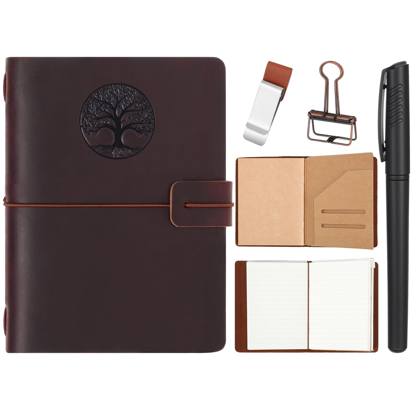 Thenshop Travel Tree of Life Notebook Passport Size Refillable Travelers Journal Leather Diary Book for Men and Women with 3 Notebook Inserts, Pen Holder, Binder Clip, Brown