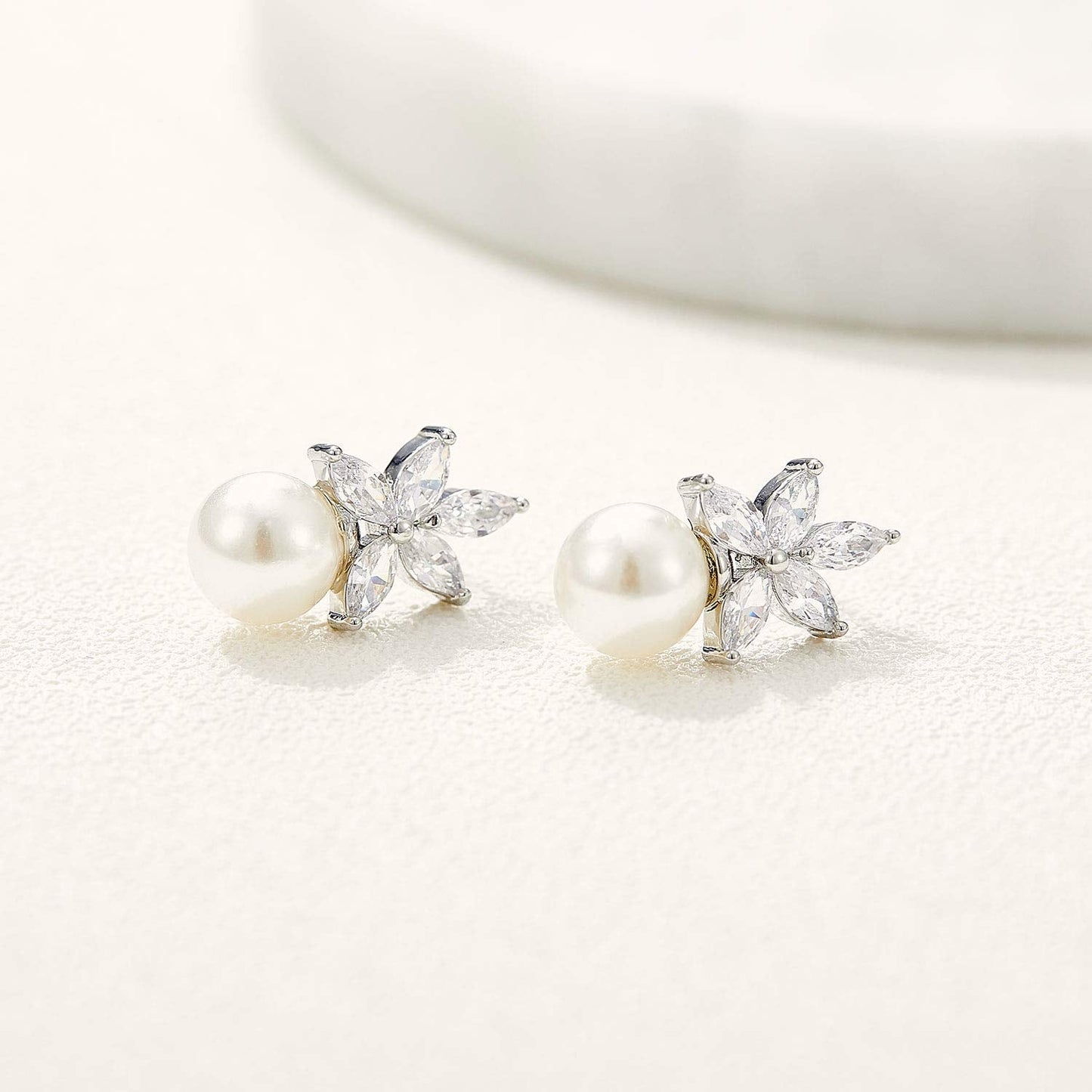 SWEETV Cluster Pearl Wedding Earrings for Birdes Bridesmaid, Crystal CZ Pearl Stud Earrings for Women Prom Formal Dress, Ivory