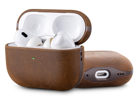 HanFab Artisan Hand-Wrapped Leather Case for AirPods Pro 2 | Crazy Horse Leather | MagSafe & Qi Compatible | Microfiber-Lined Scratch Protection | Hard Case for AirPods Pro 2nd Generation - Brown