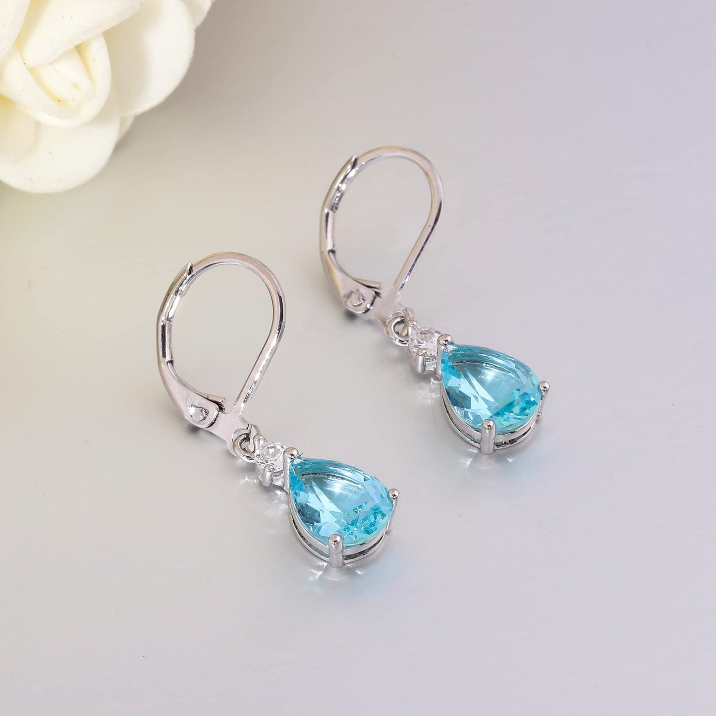 CiNily Leverback Dangle Earrings for Women 14K White Gold Plated Drop Earrings Blue Cubic Zircon Fashion Teardrop Hoop Earrings Hypoallergenic Jewelry for Sensitive Ear