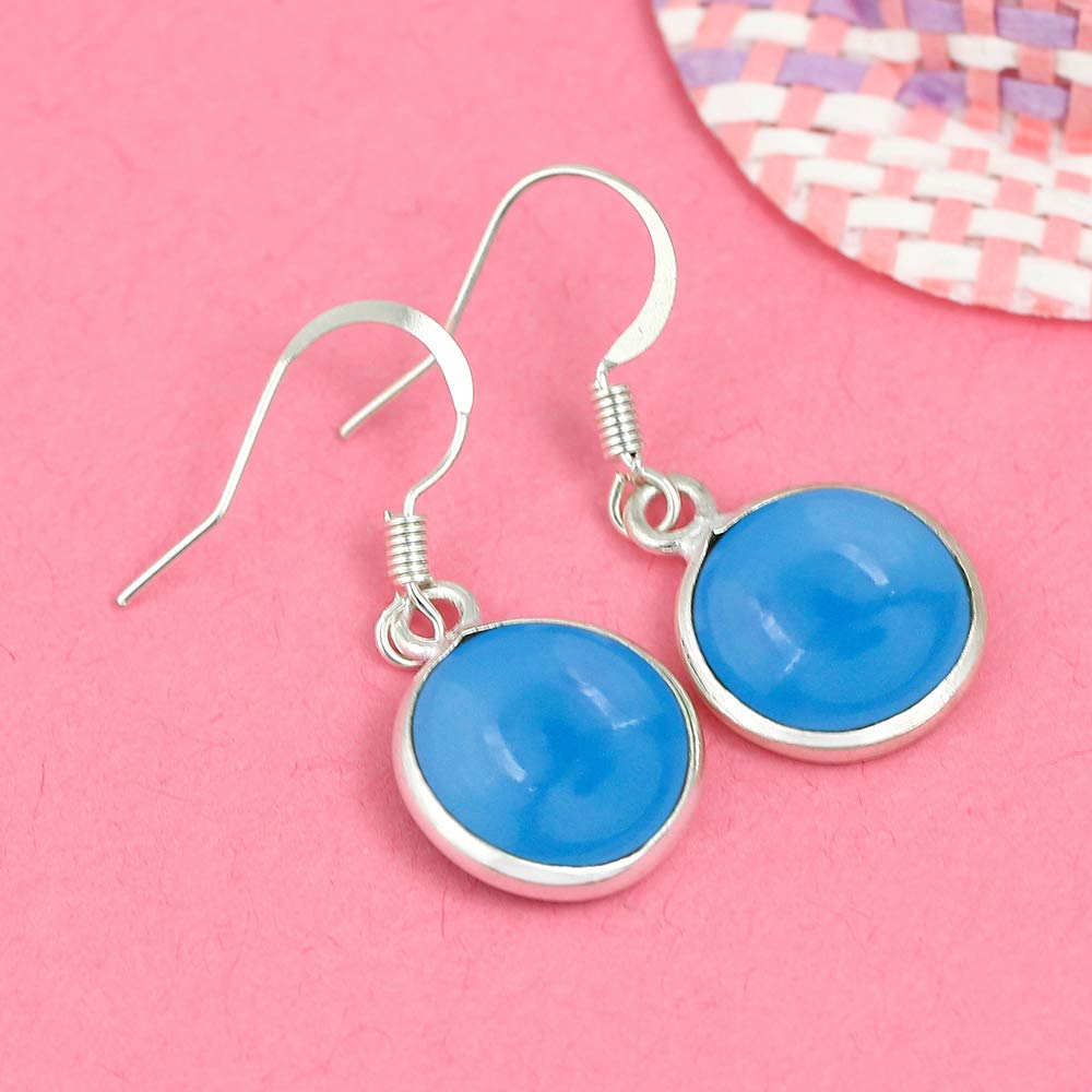 Natural Chalcedony 925 Silver Plated Dangle Earrings for Women - Round Shape Blue Color Gemstone March Birthstone Handmade Jewelry Earrings - Wedding Gift for Her