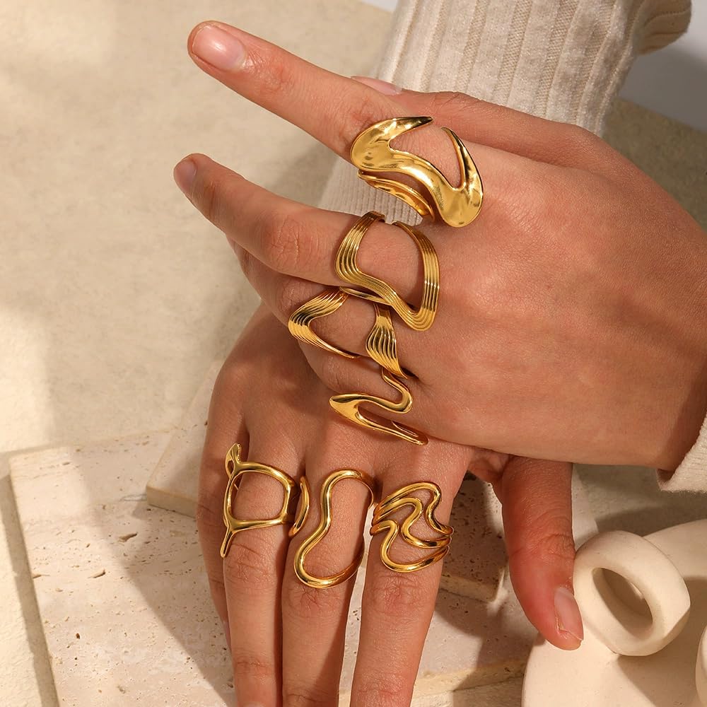 AIETUE Chunky Rings For Women, Gold Silver Thumb Ring Asymmetrical Wavy Curve Ring Adjustable Non Tarnish Dainty Stainless Steel New Year Anniversary Birthday Jewelry Gift (Trendy Gold #3)