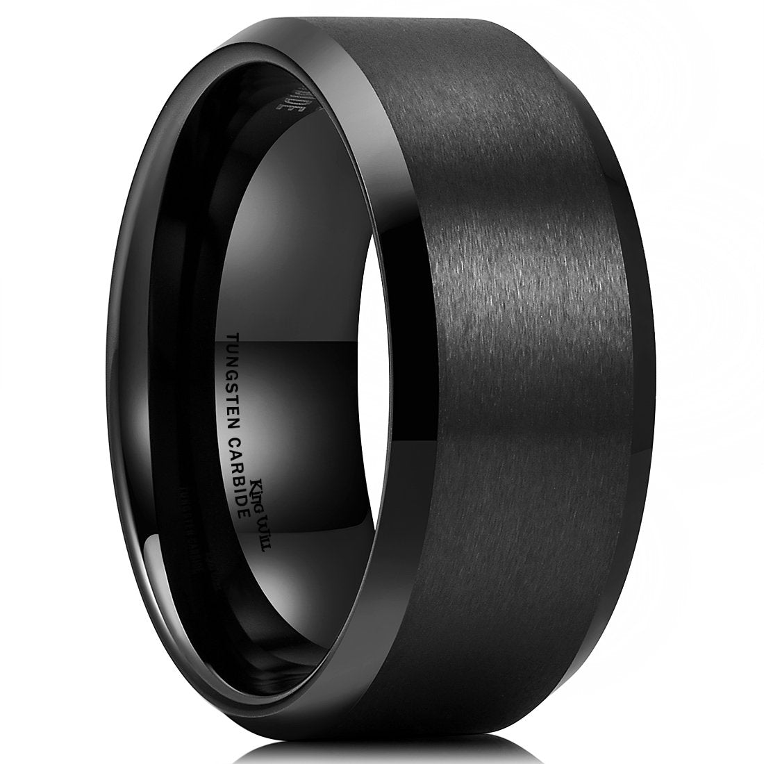 King Will 10mm Men's Black Wedding Ring - Brushed Matte Surface, Beveled Polished Edge, Comfort Fit Size 11