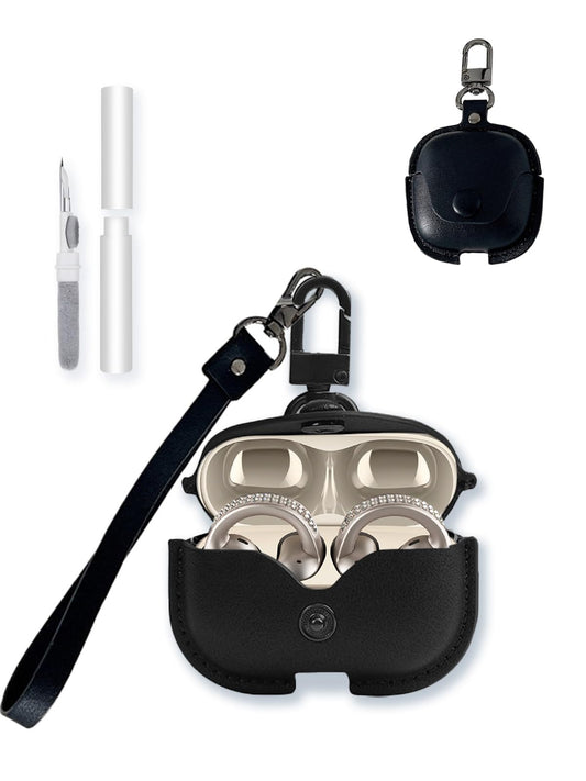 Case for Motorola Moto Buds Clip True Wireless Earbuds,Stylish Retro Soft Protective,BOVUGAC Premium PU Leather Case Cover with Cleaning Kit & Lanyard for Moto Buds Clip Accessories-Black