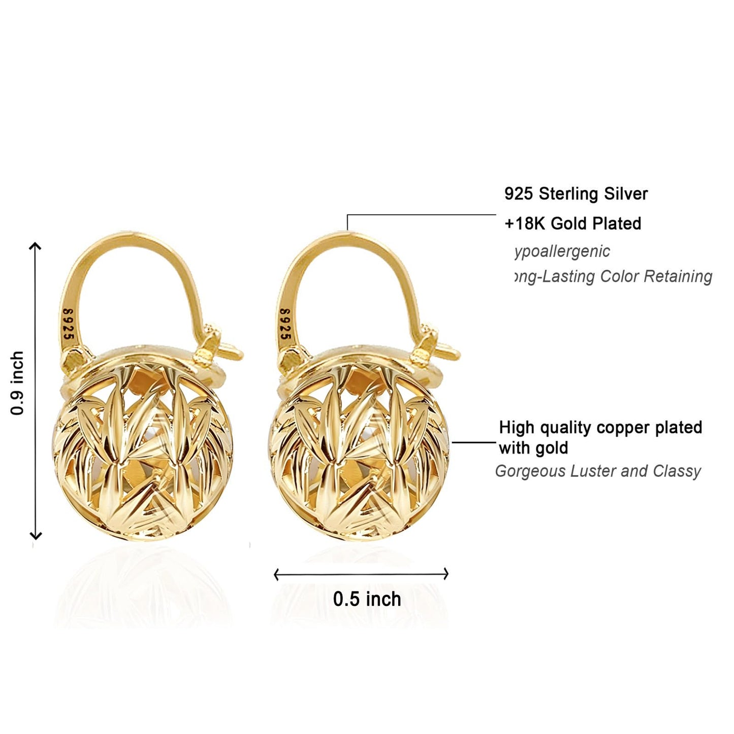 OwMell Elegant 925 Sterling Silver Pearl Drop Earrings Dangle Stud Silver Plated Earrings for Women Large Size 12mm - Leaf Gold