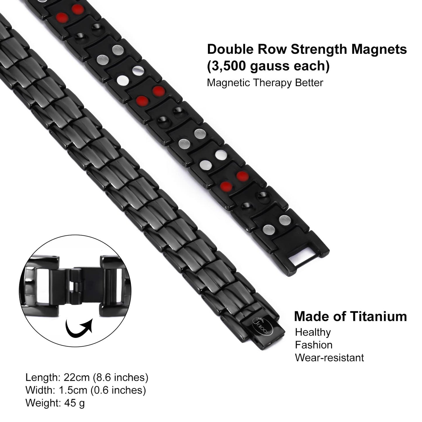 JEROOT Magnetic Bracelets for Men, Pure Titanium Bracelet (3500Gauss Per Magnet), Men's Bracelet Lymphatic Jewelry Gifts (Black anion)