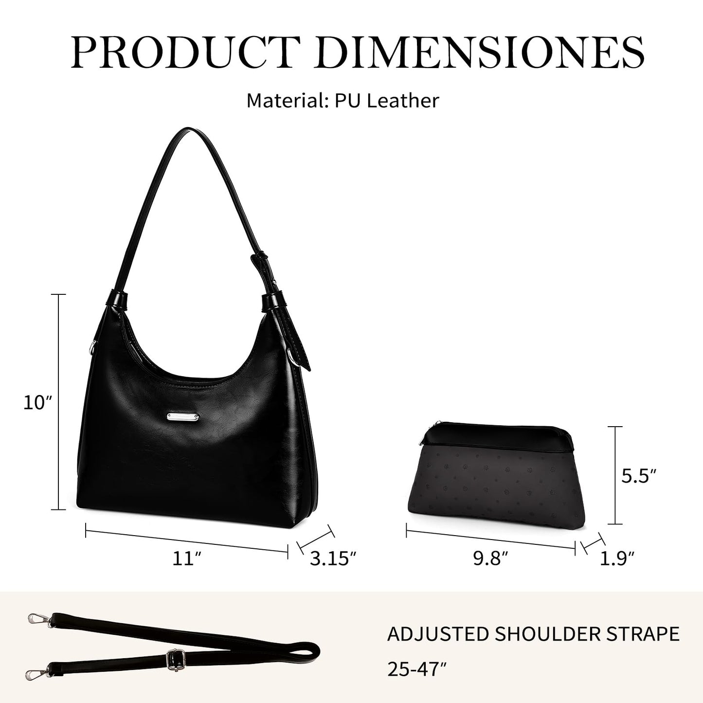 FGZ Womens Hobo Bag,Soft Vegan Leather Shoulder Bag Purse with Matching Pouch Ideal for Work,Shopping,Daily Use（Black）