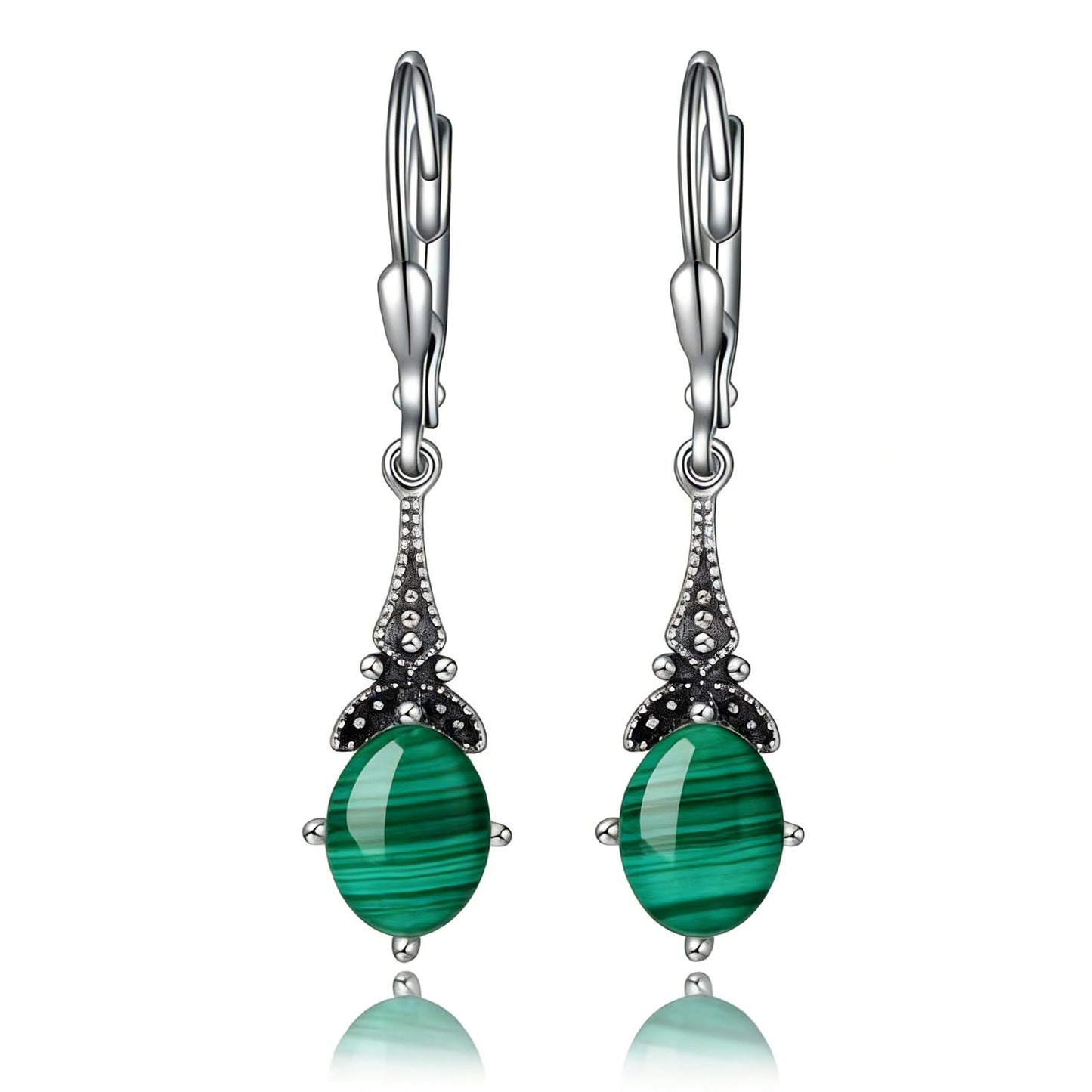 Natural Green Malachite Earrings 925 Sterling Silver Vintage Retro Leverback Dangle Drop Earrings Birthday Jewelry Gifts for Women