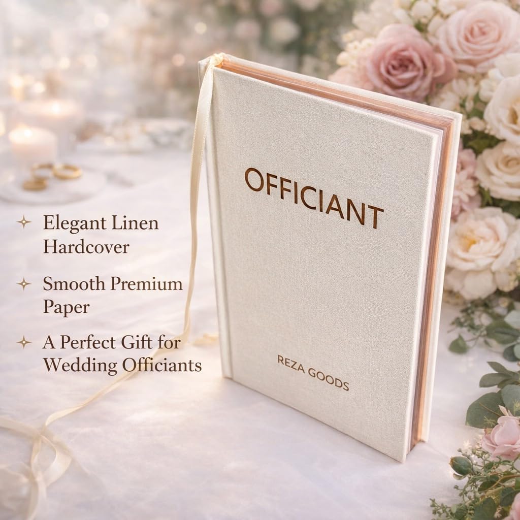 Wedding Officiant Book with Pen – A5 Wedding Ceremony Journal, Bride & Groom Signature Keepsake, 150 Lined Pages (75 Sheets), 140gsm Thick Paper, Linen Cover & Gift Box, Gold Foil Stamped