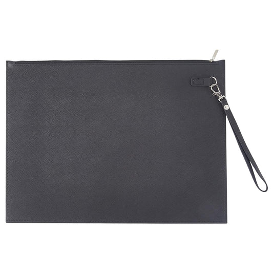 CALFOVERA A4 PU Leather File Holder with Removable Hand Strap Black Thin Document Folder Waterproof Portfolio Filing Zipper Pocket Oragnizer Bag Case for Receipt Contract Stationery Tablet