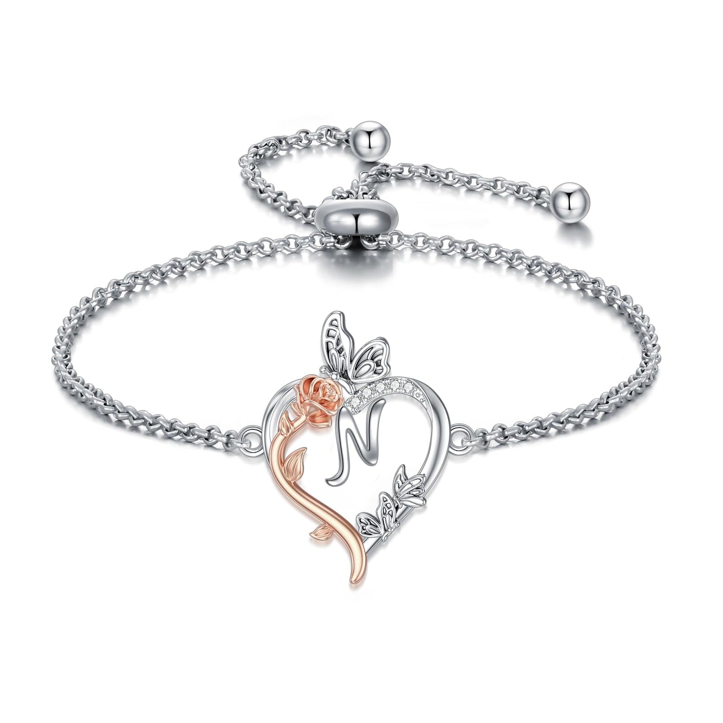 TOUPOP Rose Heart Bracelet for Women Sterling Silver Heart Initial N Letter Bracelet Butterfly Love Jewelry Anniversary Birthday Mothers Day Gifts for Mom Wife Her Girlfriend