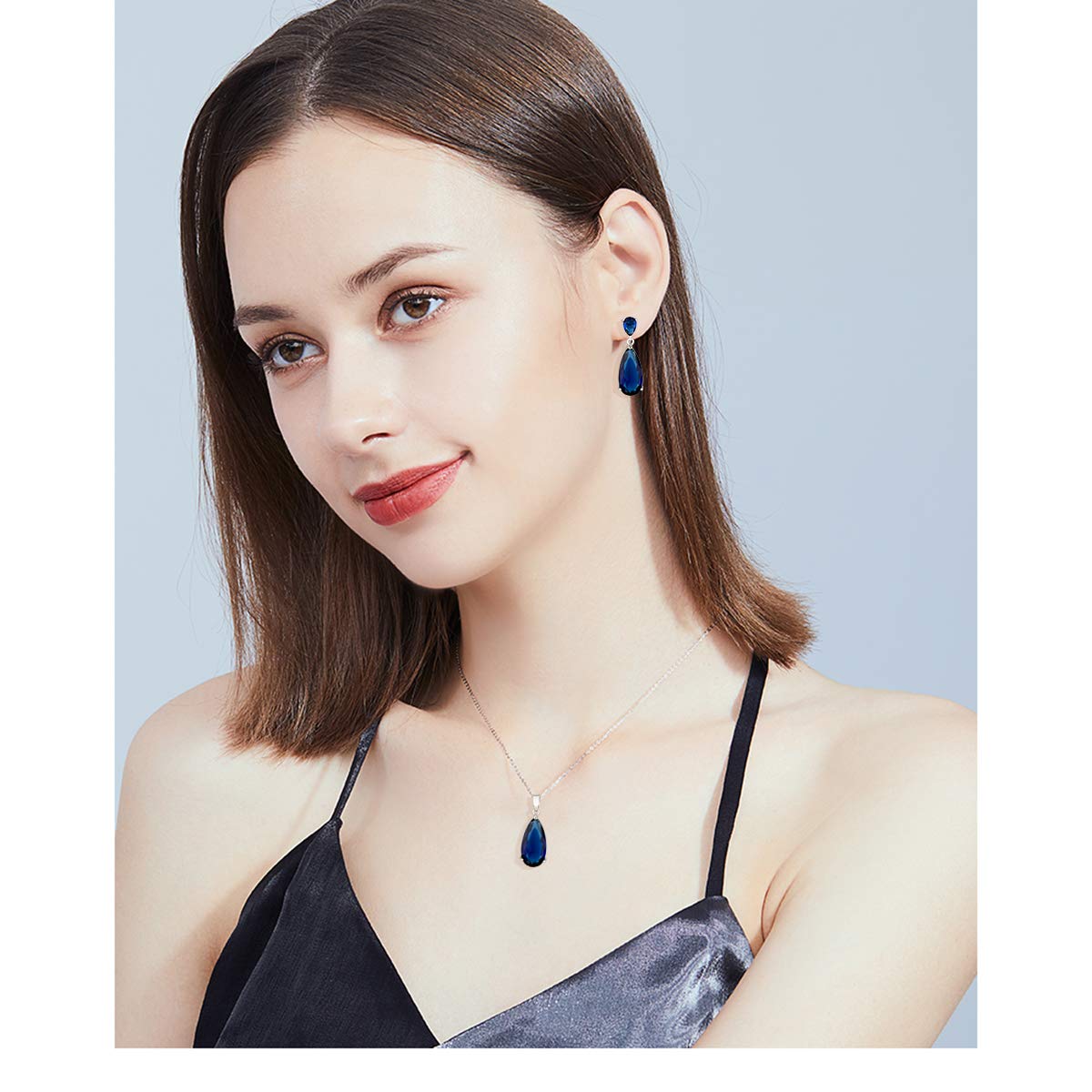 Mycitta Blue Sapphire Jewelry Set for Women - Sterling Silver Teardrop Cubic Zirconia Crystal CZ Necklace Earrings Set for Bride Bridesmaids Prom Party Formal Jewelry Set