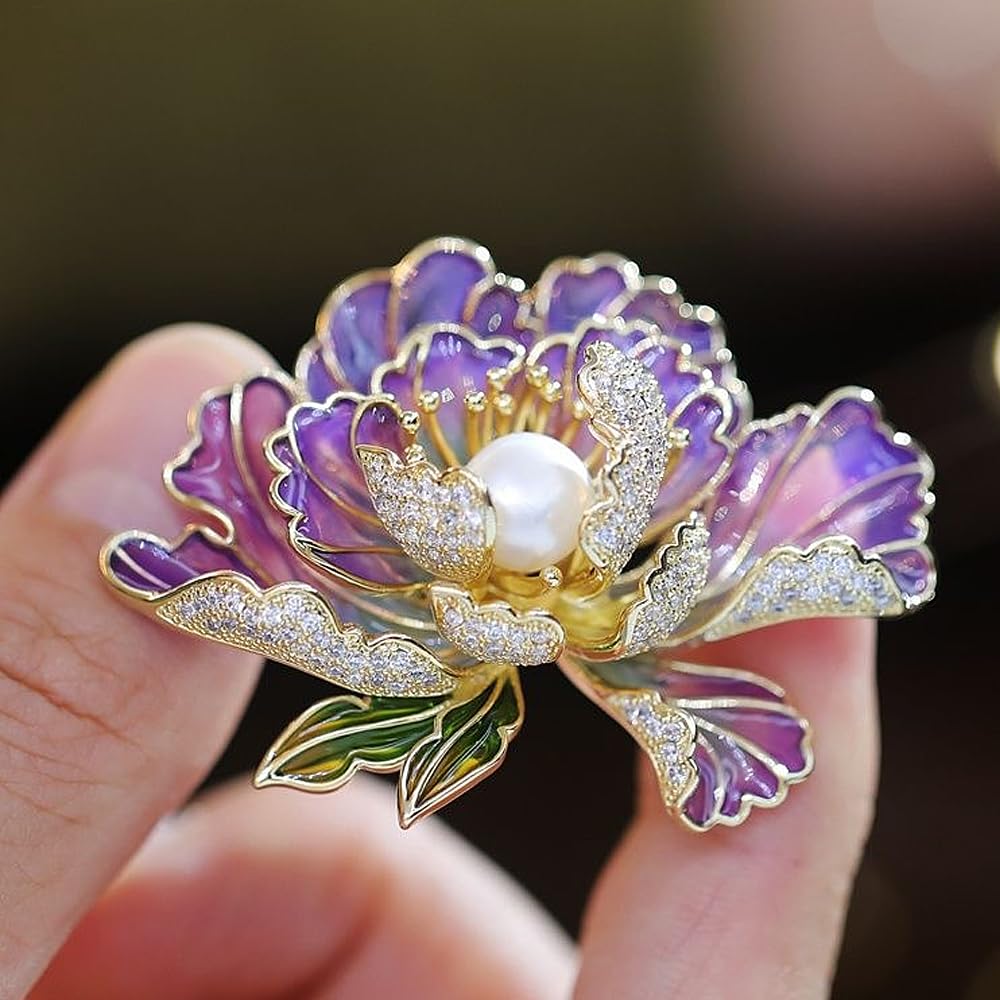 Dainty Flower Brooch Pins for Women Graceful Cubic Zircon Peony Pearl Enamel Badges Lapel Pins Trendy Banquet Prom Dress Jewelry Accessories Gift (Purple)