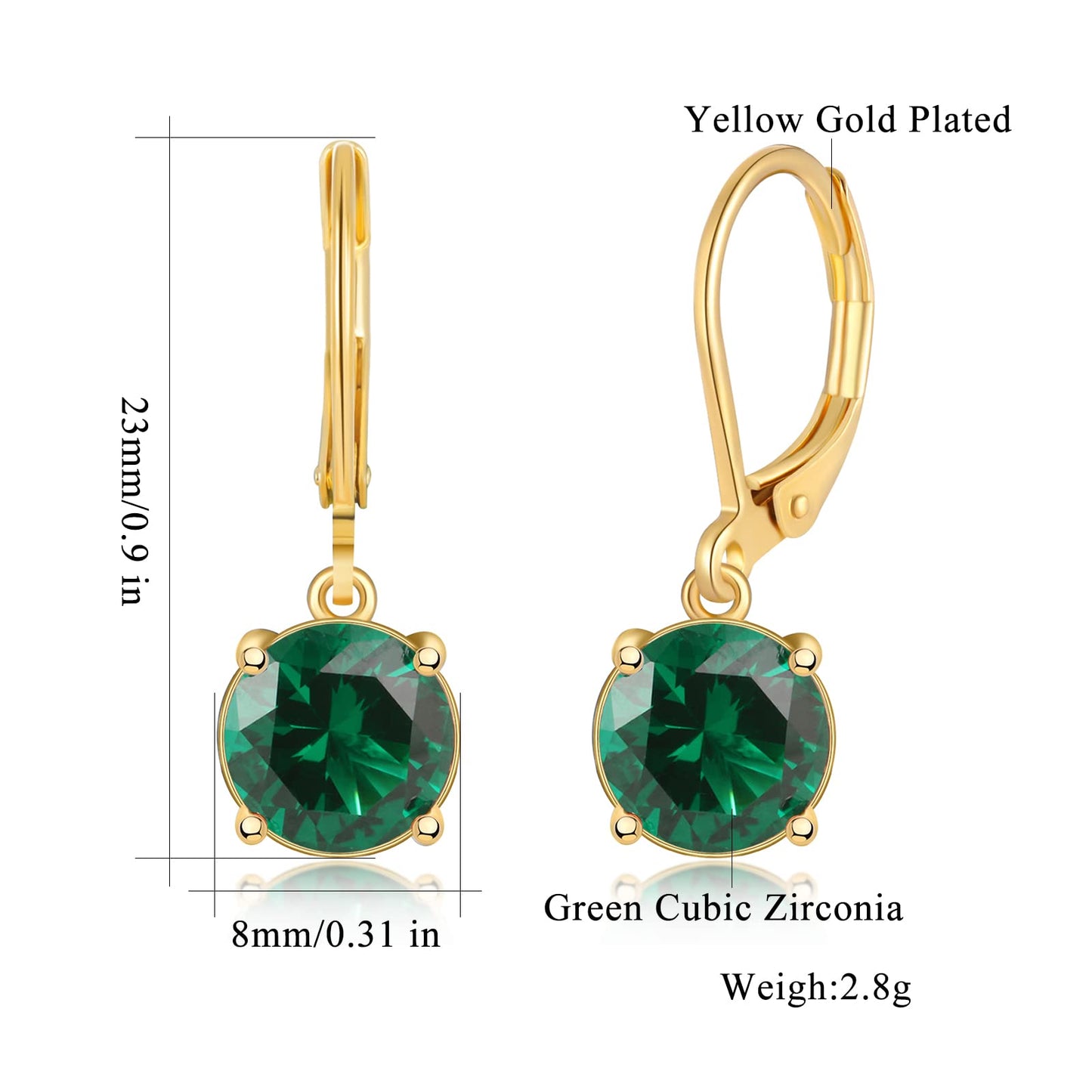 CiNily Leverback Dangle Earrings for Women Ladies Green Cubic Zircon Pendant Earrings 14K Gold Plated Hypoallergenic Crystal Drop Earrings for Sensitive Ears Jewelry 8 mm