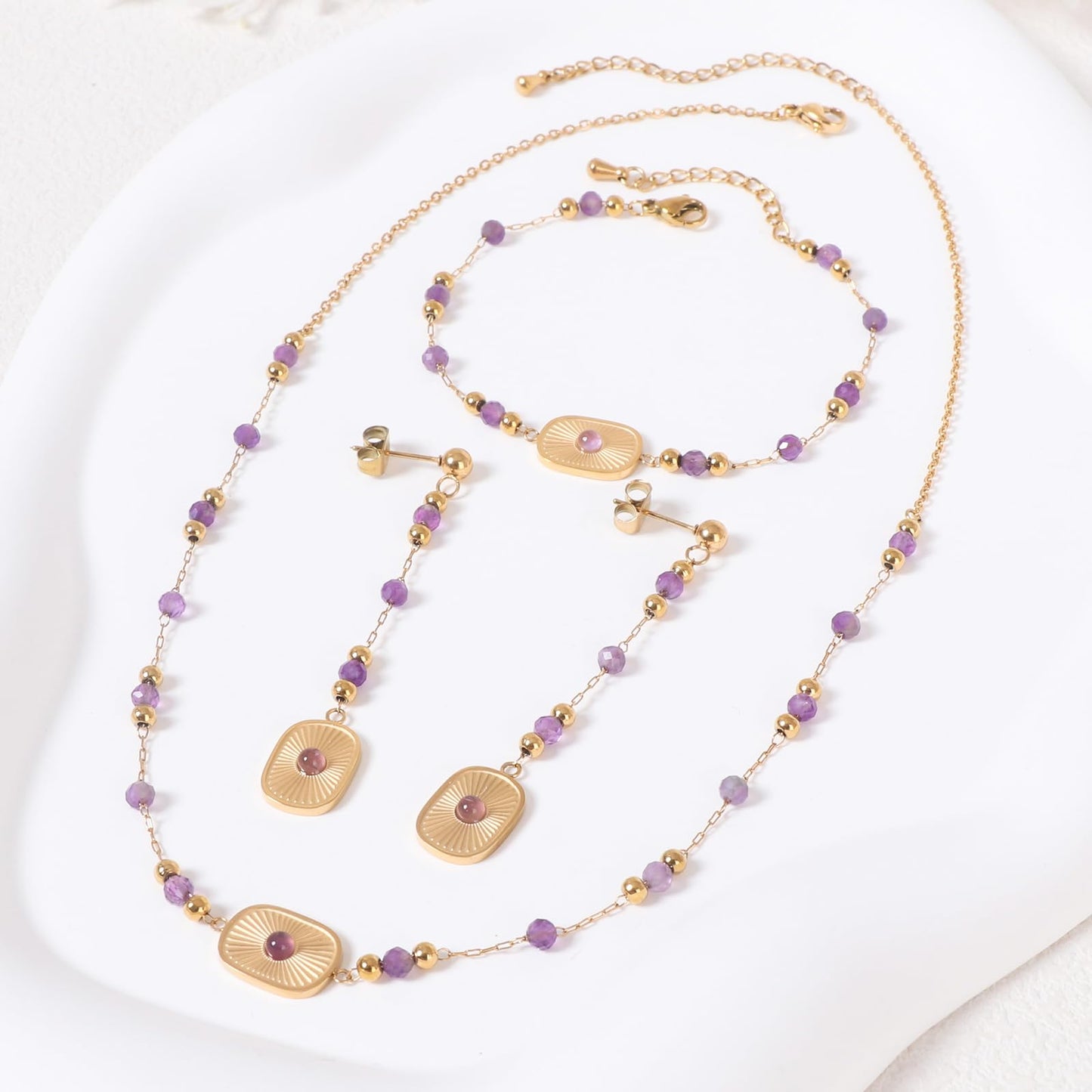 TaYolnFaSo Natural Amethyst Jewelry Set for Women 18K Gold Plated Sun Disk Amethyst Necklace Earrings Bracelet Set Gift for Sisters