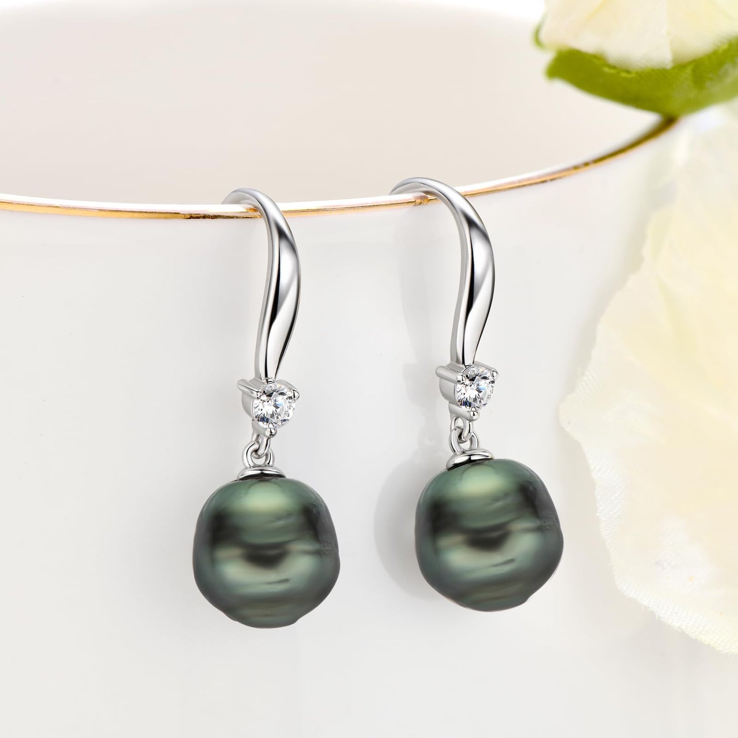 Black Pearl Earrings for Women, 925 Sterling Silver Tahitian Cultured 8-9mm Baroque Pearl Drop Dangle Earrings Birthday Anniversary Jewelry for Mom Wife