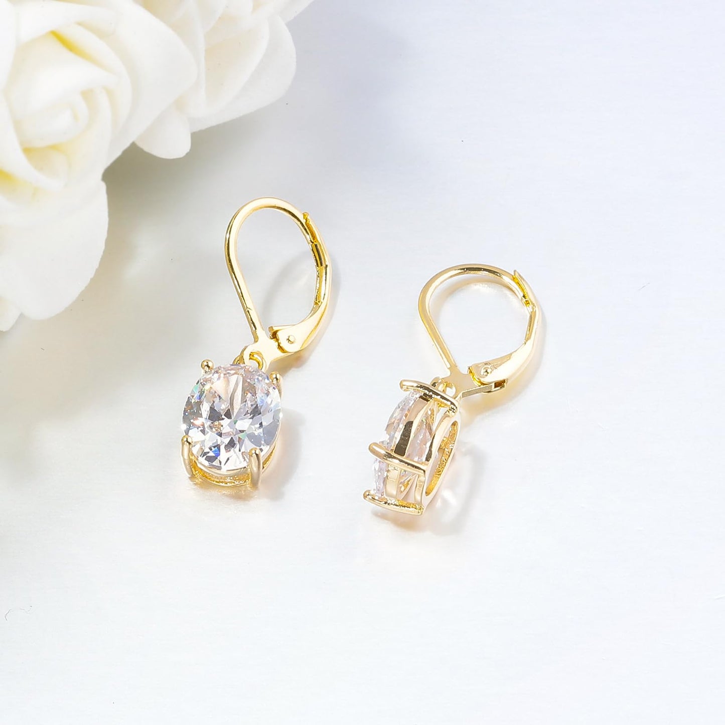 CiNily Cut-Oval Leverback Dangle Earrings for Women White Cubic Zircon 14k Gold Plated Hypoallergenic Hanging Earrings Lightweight Drop Earrings Jewelry