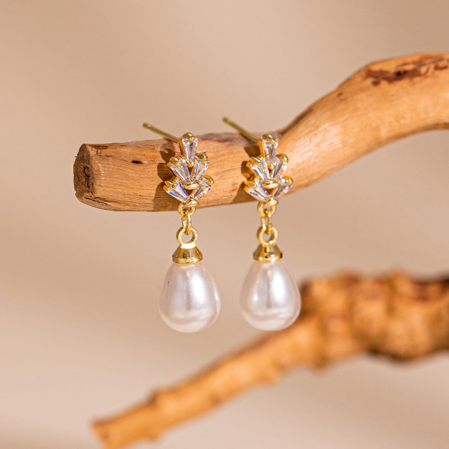 PRTGL Pearl Earrings: 14k Gold-plated Cubic Zirconia Accented Pearl Drop Wedding Engagement Earrings For Women Bridal Bridesmaid (Wheat Designed)