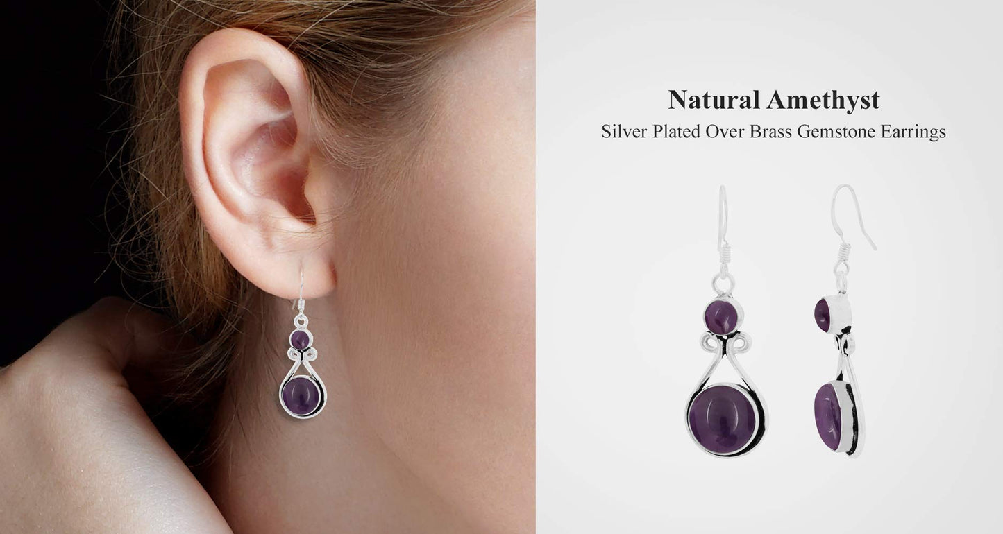 Natural Amethyst Silver Plated Dangle Earrings for Women - February Birthstone Round Gemstones Drop Earrings Handmade Jewelry - Valentine's Day Gift for Love