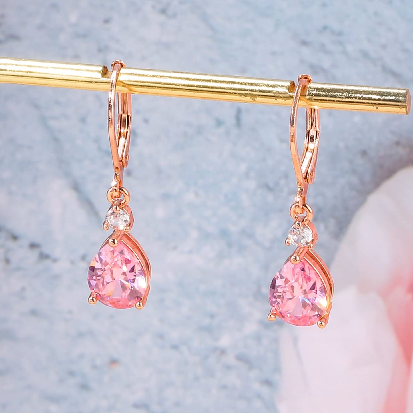 CiNily Leverback Dangle Earrings for Women 14K Rose Gold Plated Drop Earrings Pink Cubic Zircon Fashion Teardrop Hoop Earrings Hypoallergenic Jewelry