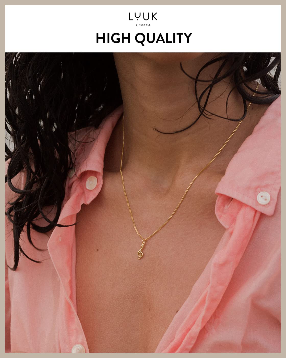 LUUK LIFESTYLE 925 sterling silver necklace with music key | treble clef pendant and HAPPINESS card, jewelry with a musical motif for her, gift idea for friend, music fan, birthday, gold