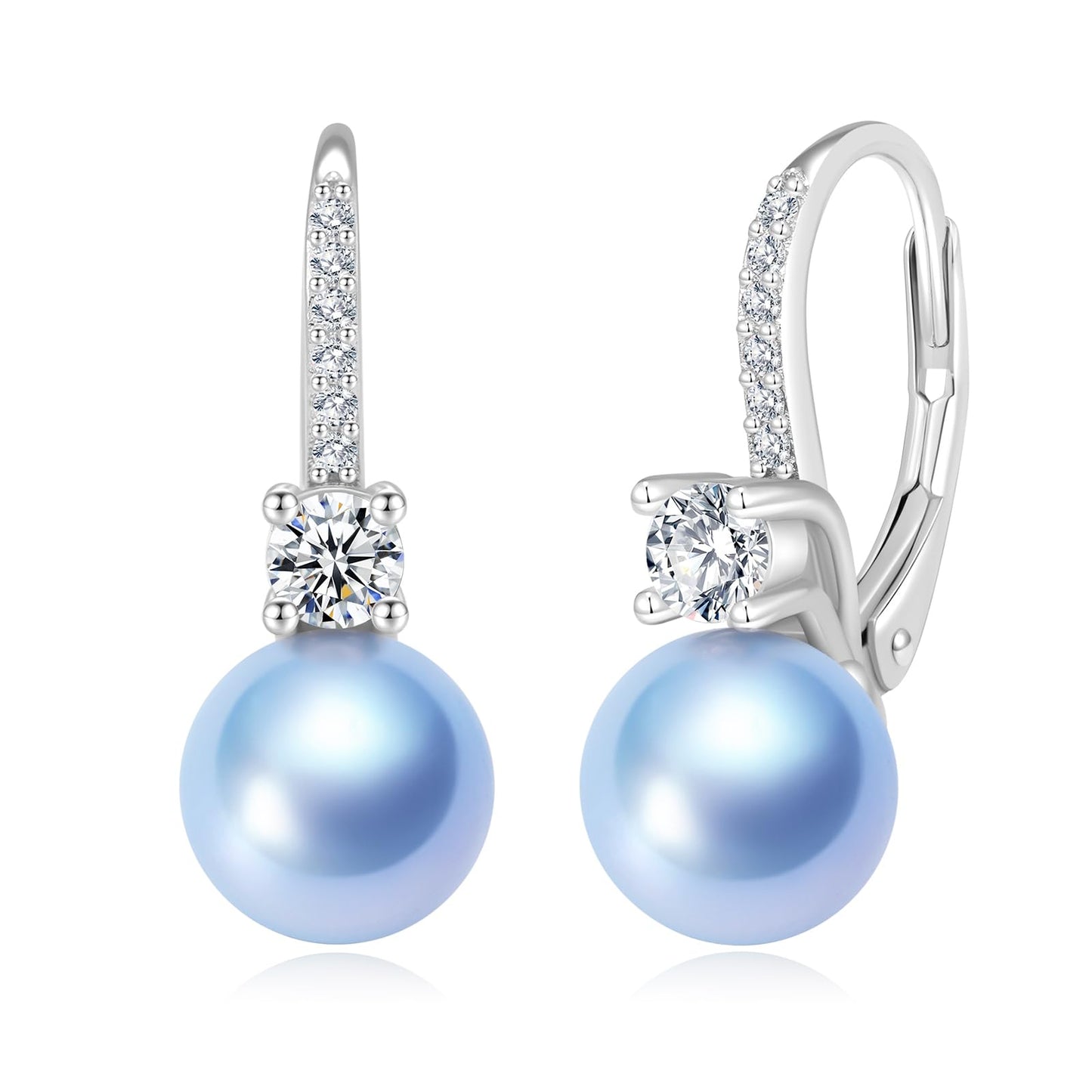 BAMIKI Blue Pearl Drop Dangle Earrings 925 Sterling Silver Cubic Zirconia Leverback Earrings, 8MM Round Saltwater Cultured Pearls Jewelry Gifts for Women Wife Mother