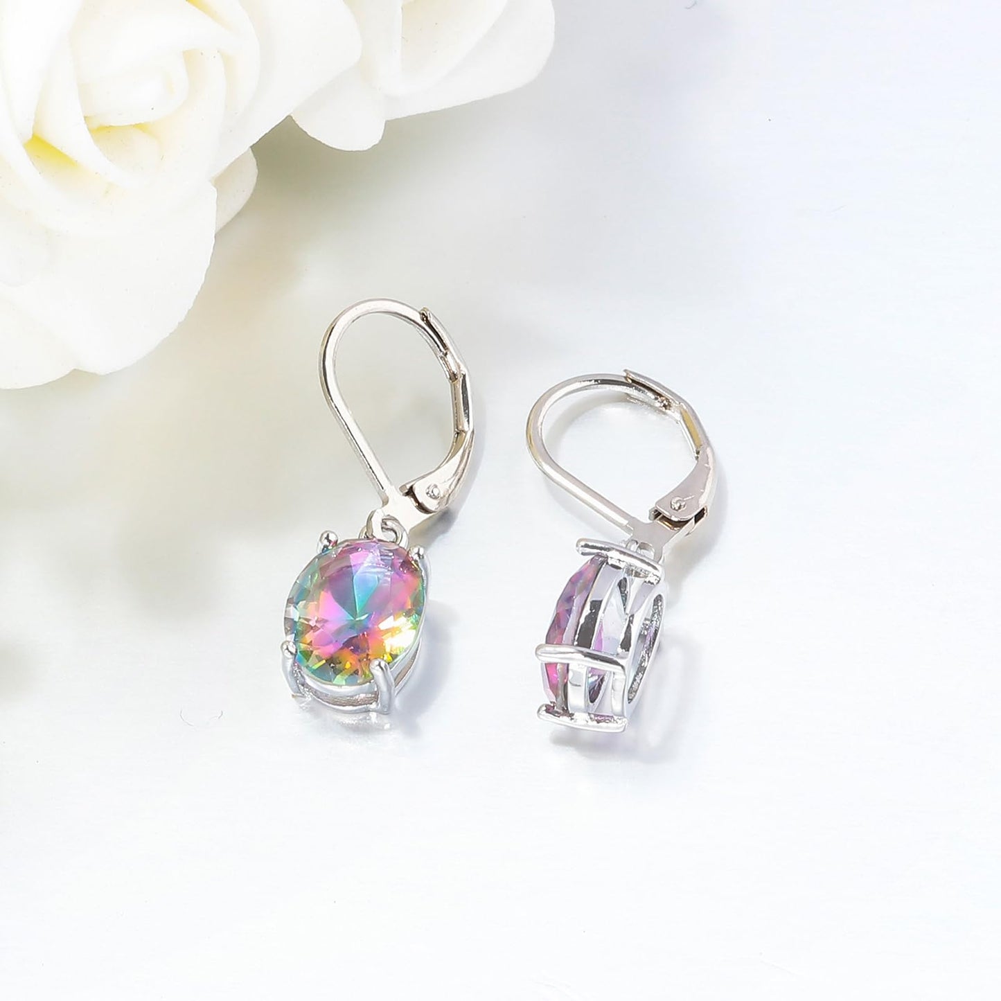 CiNily Cut-Oval Leverback Dangle Earrings for Women Rainbow Cubic Zircon 14k White Gold Plated Hypoallergenic Hanging Earrings Lightweight Summer Drop Earrings