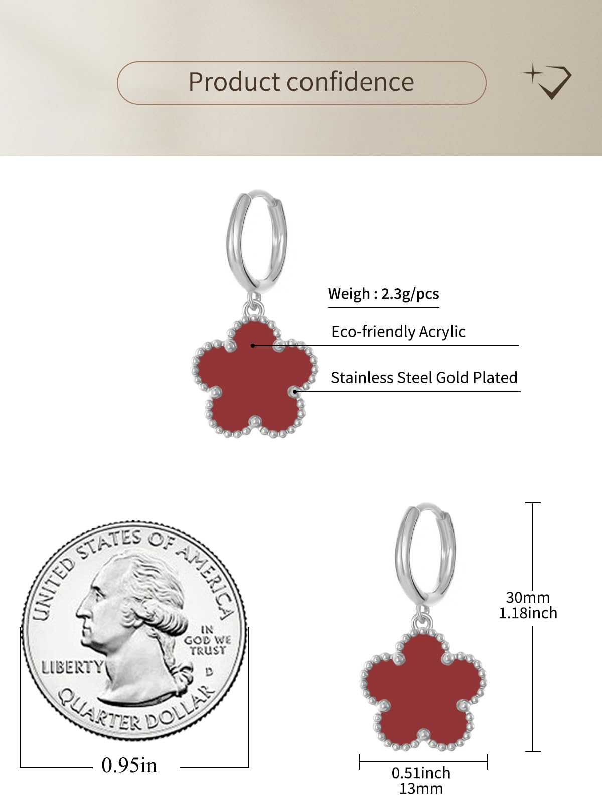Gold Plated Five Leaf Clover Dangle Earrings for Women Lucky Flower Jewelry (Burgundy-White Gold Plated)